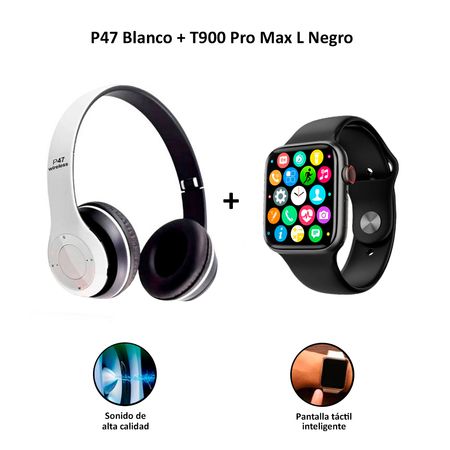 Audífonos Inalámbricos Bluetooth P47 Blanco + Smartwatch Serie 8 T900 Pro Max L Negro