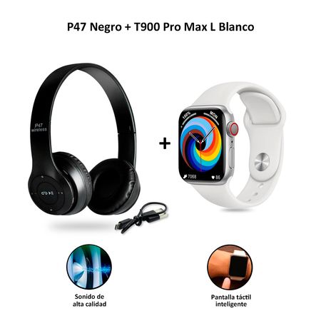 Audífonos Inalámbricos Bluetooth P47 Negro + Smartwatch Serie 8 T900 Pro Max L Blanco