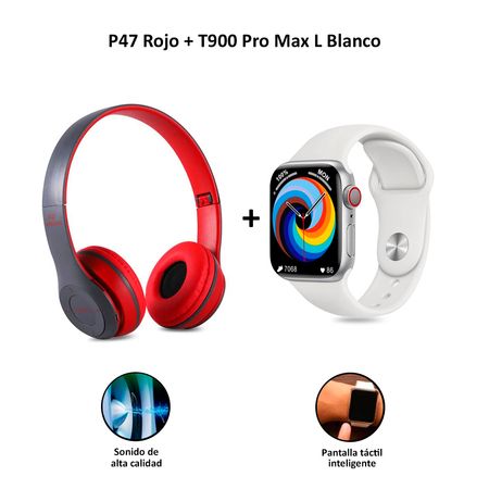 Audífonos Inalámbricos Bluetooth P47 Rojo + Smartwatch Serie 8 T900 Pro Max L Blanco