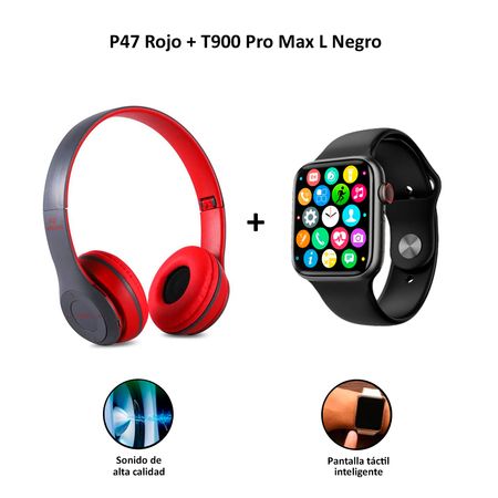 Audífonos Inalámbricos Bluetooth P47 Rojo + Smartwatch Serie 8 T900 Pro Max L Negro