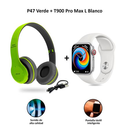 Audífonos Inalámbricos Bluetooth P47 Verde + Smartwatch Serie 8 T900 Pro Max L Blanco