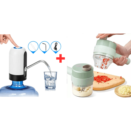 Combo Dispensador de Agua Automático Recargable + Cortador Rebanador Eléctrico de Verduras