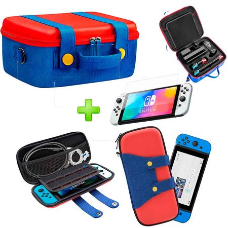 Pack Maleta para Nintendo Switch y Oled RojoAzul y Estuche Mario RojoAzul y Mica Oled