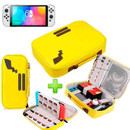 Pack Maleta para Nintendo Switch y Oled Pikachu Amarillo y Estuche Amarillo y Mica Oled