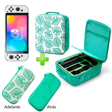 Pack Maleta para Nintendo Switch y Oled Verde Animal Cross y Estuche Verde OscuroBlanco y Mica Oled
