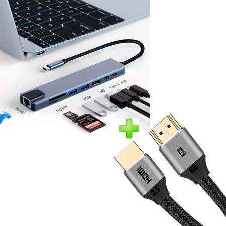 Pack Adaptador 8 en 1 USB C a HDMI 4K Lan RJ45 2xUSB 3.0 PD USB C SD TF y Cable HDMI 2.1
