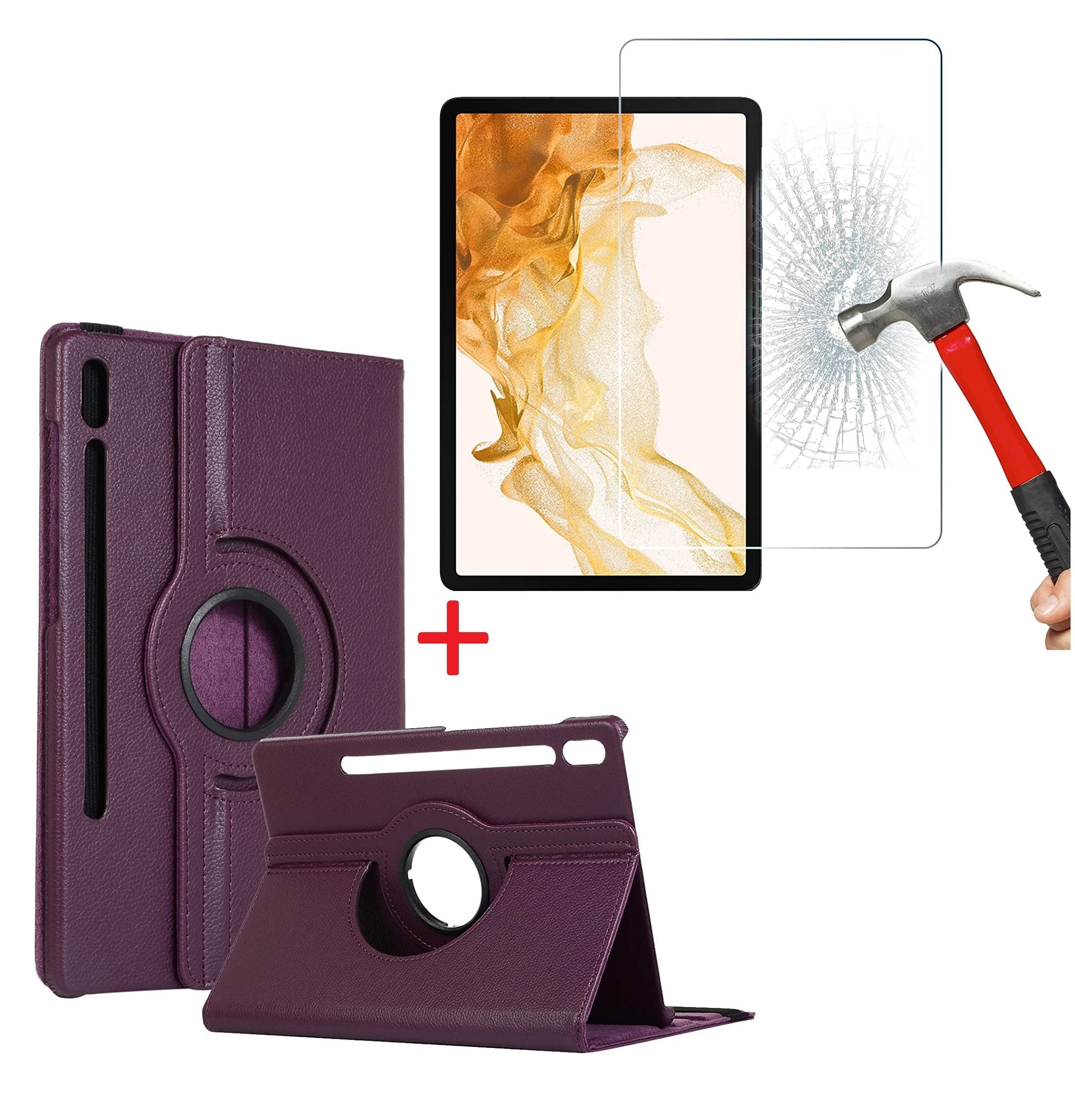 Case Giratoria 360 Morado y Mica de Vidrio Para Samsung Tab S8 11.0 SM-X700