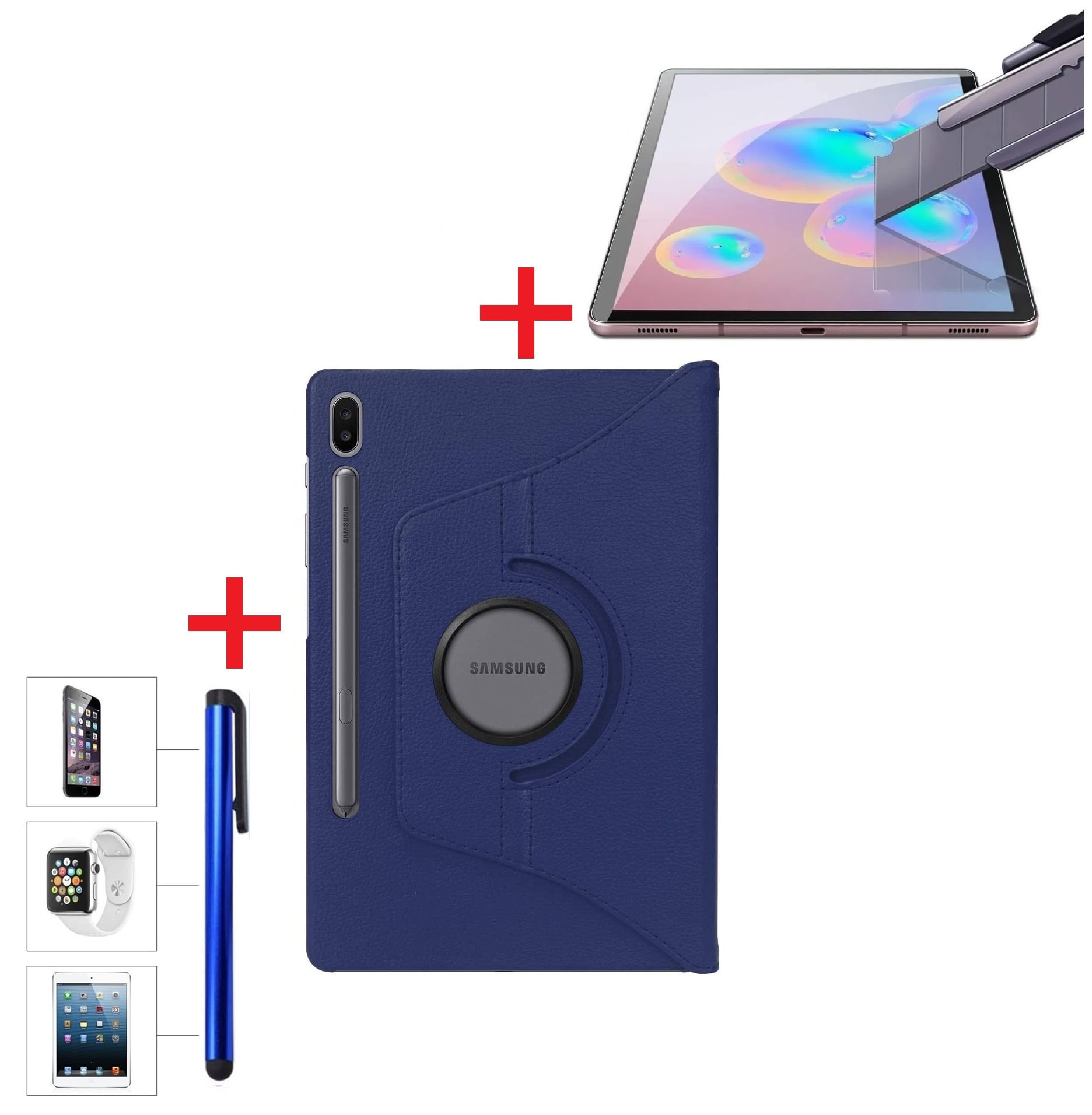 Funda Giratoria Azul y Mica Vidrio y Lapiz Para Samsung Tab S6 10.5 2019 SM-T860