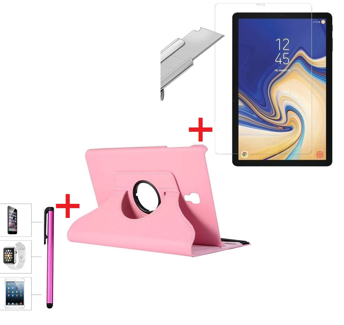 Funda Giratoria Rosado y Mica Vidrio y Lapiz Para Samsung Tab S4 10.5 SM-T830
