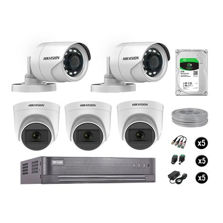 Cámaras de Seguridad Kit 5 Hikvision Full Hd Vigilancia 03 Cámara Audio Incorporado Disco Duro 2Tb