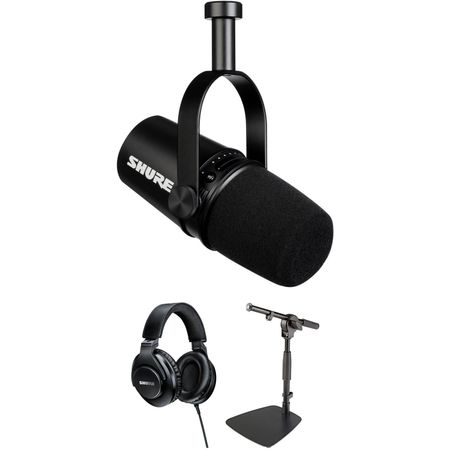 Kit de Micrófono para Podcast Shure Mv7 con Auriculares Shure Srh440 y Soporte para Micrófono Negro