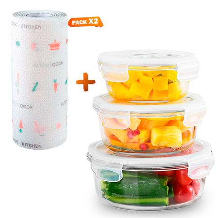 Set de 3 Táper Hermético Redondo O55 Y Papel Toalla Reutilizable X2
