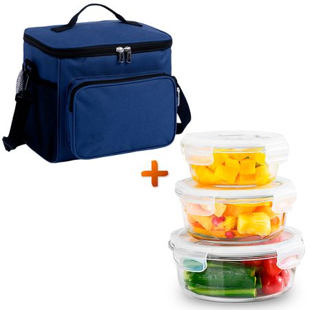 Set de 3 Táper Hermético de Vidrio Redondo O55 Y Lonchera Térmica 02X AZ