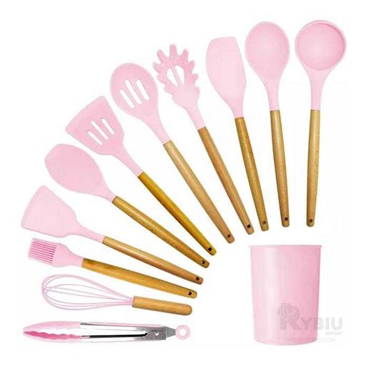 Set de Utensilios para Cocina con Mango de Madera Rosa GENERICO