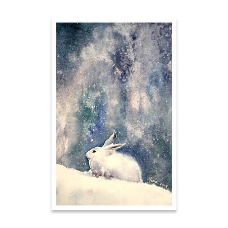 Cuadro White bunny in snow 30x45 Papel de Algodón Marco blanco