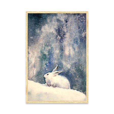 Cuadro White bunny in snow 30x45 Papel de Algodón Marco madera natural
