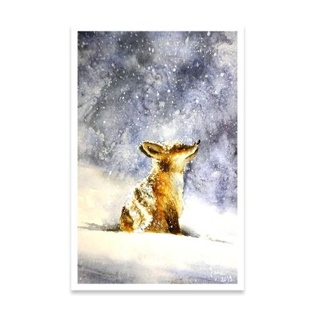 Cuadro Winter fox in snow 30x45 Papel de Algodón Marco blanco