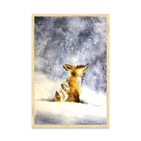 Cuadro Winter fox in snow 30x45 Papel de Algodón Marco madera natural