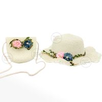 Sombrero de Paja con Flores más Bolso para Niña Color Perla