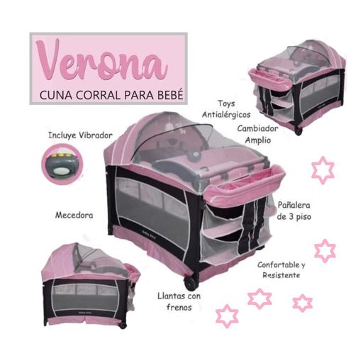 Cuna Corral Verona Baby Kits verona Rosado + Vibrador