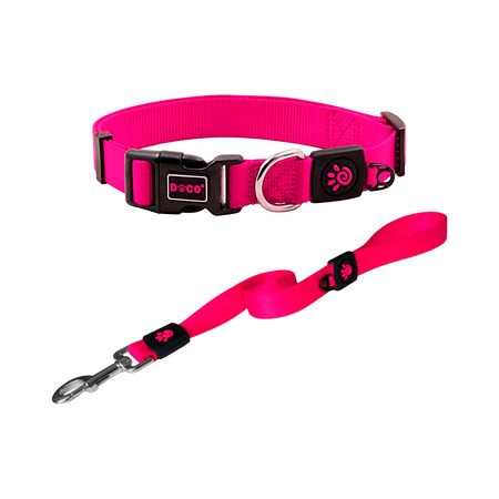 Collar Para Perro Doco Nylon Ajustable L Rosado Y Correa