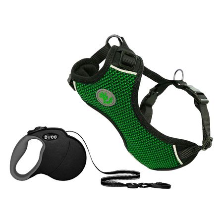 Pechera Perro Doco Comfortable L Verde Y Correa Retractil