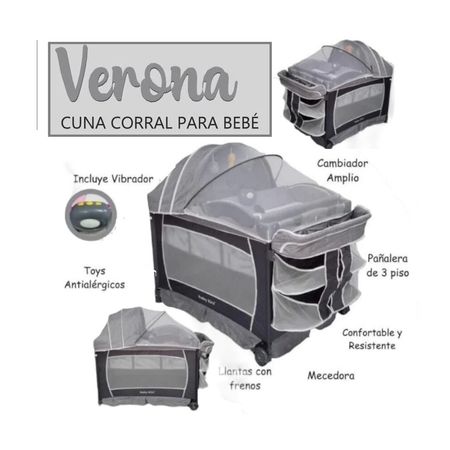 Cuna Corral Verona Baby Kits Verona Gris + Vibrador