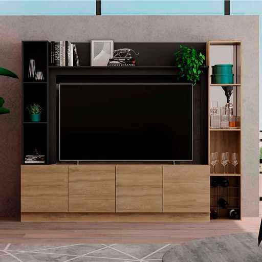 COMBO Mueble Sala Modular Orange: Mesa de TV 4 Puertas Negro + Estante Bar  Negro + Marco con Estante Blanco