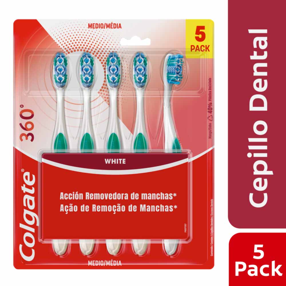 Cepillo de Dientes Colgate 360° Luminous White Medio Paquete 5un