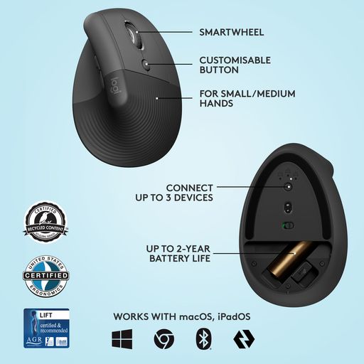 Mouse Logitech Lift Vertical, Wireless, Bluetooth – PERU DATA