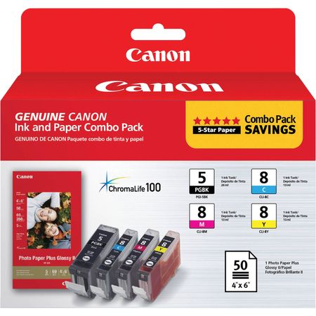 Combo Pack de Tanques de Tinta Canon Pgi 5 Cli 8 con Papel Fotográfico Pp 201