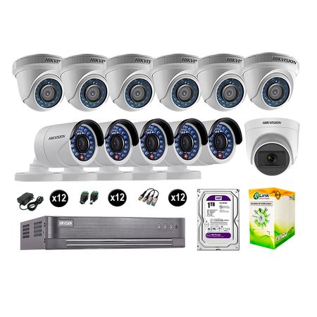 Cámaras de Seguridad Hikvision Kit 12 Vigilancia Hd 720P 1Tb 1 Cámara con Audio Completo