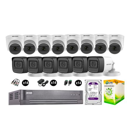 Kit 14 Cámaras de Seguridad Hikvision Audio Incorporado Full Hd 1080P Vigilancia Disco 1Tb