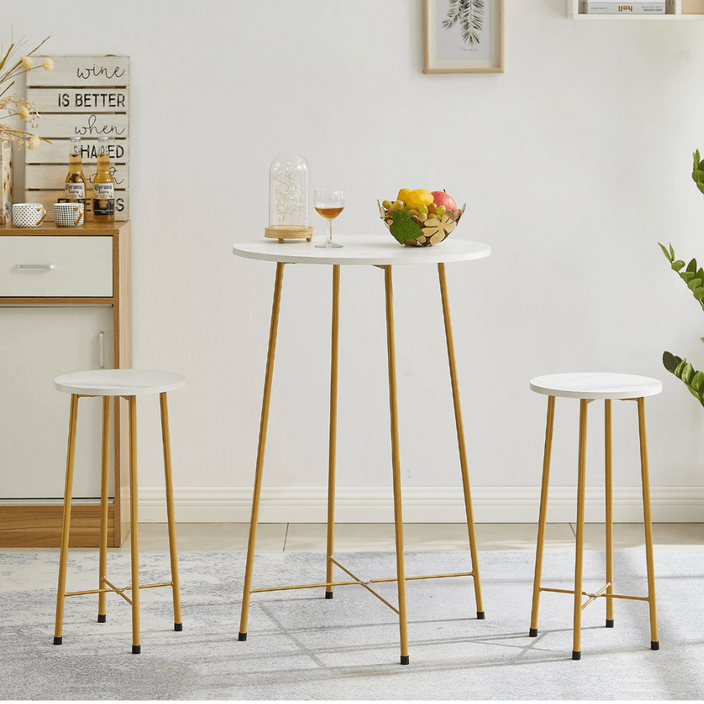 Mesa Bar + 2 Sillas Bosch Ventitas Home Blanco y Dorado