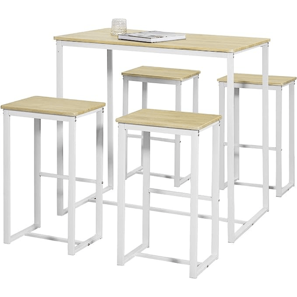 Mesa Bar + 4 Sillas Okuwaki Ventitas Home Rovere y Blanco