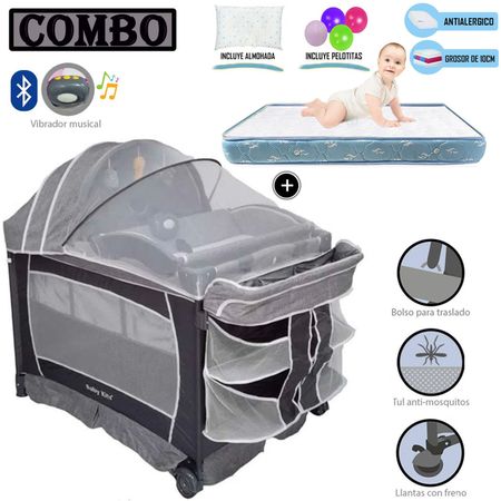 Cuna Corral Baby Kits Verona Gris+ Colchón Celeste