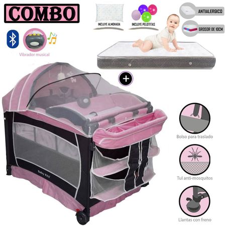 Cuna Corral Baby Kits Verona Rosado+ Colchón Gris