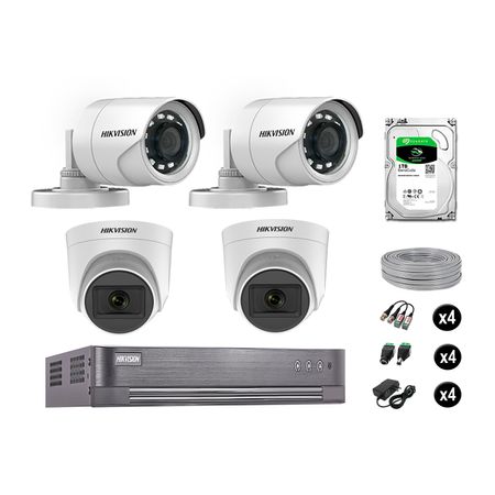 Kit 4 Cámaras de Seguridad Hikvision Vigilancia Full Hd 02 Cámara Audio Incorporado Disco Duro 1Tb