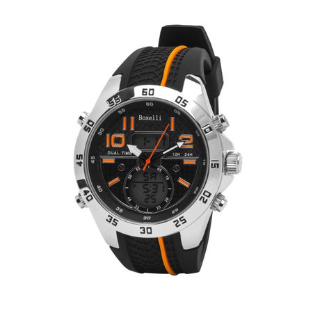 Reloj Para Hombre Boselli B160 Acuático Doble Hora Color Negro con Naranja 1012701
