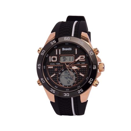 Reloj Para Hombre Boselli B160 Acuático Doble Hora Color Negro con Oro Rosa 1017243