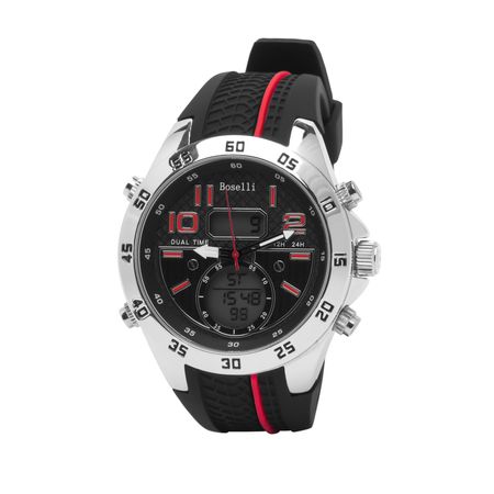 Reloj Para Hombre Boselli B160 Acuático Doble Hora Color Negro con Rojo 1000716