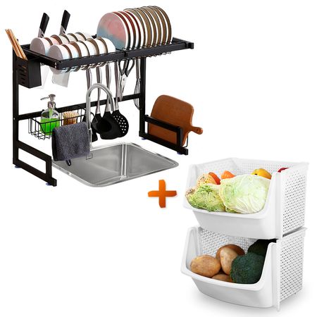 Escurridor Platos Moderno 65cm Y Frutero Verdulero Apilable U80 BL X2