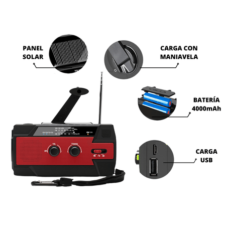 Linterna Multiuso con Radio Carga Celular Luz Led Batería 4000mAh Roja