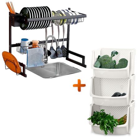 Escurridor Platos Moderno 65cm Y Organizador Apilable Cocina U80 BL X3