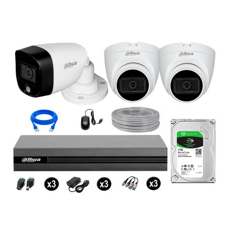 Cámaras Seguridad Dahua Kit 3 2mp Disco 1tb Vision Nocturna Full Color