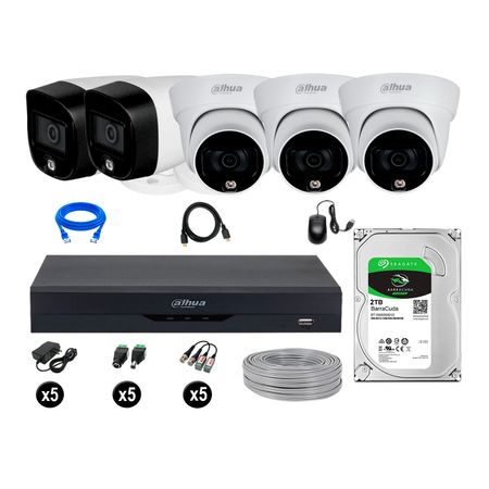 Cámaras Seguridad Dahua Kit 5 5mp Disco 2tb Vision Nocturna Full Color