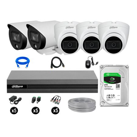 Cámaras Seguridad Dahua Kit 5 Full Hd Disco 2tb Vision Nocturna Full Color