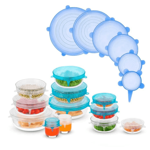 JIGUOOR Tapas elásticas de silicona, paquete de 6 tapas de silicona  reutilizables, fundas de silicona duraderas para almacenamiento de  alimentos para