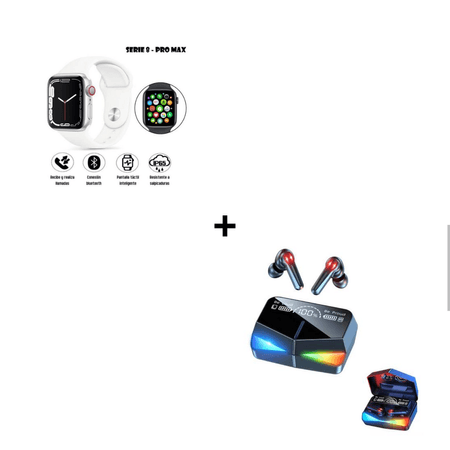 Combo Smartwatch I8 Pro Max Blanco + Audifonos Profesionales Inalámbricos M28