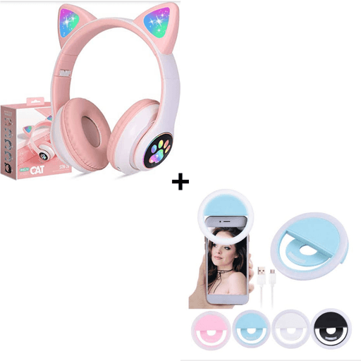 Combo Aud fonos Bluetooth Oreja de Gato con Luz Led Selfie Aro